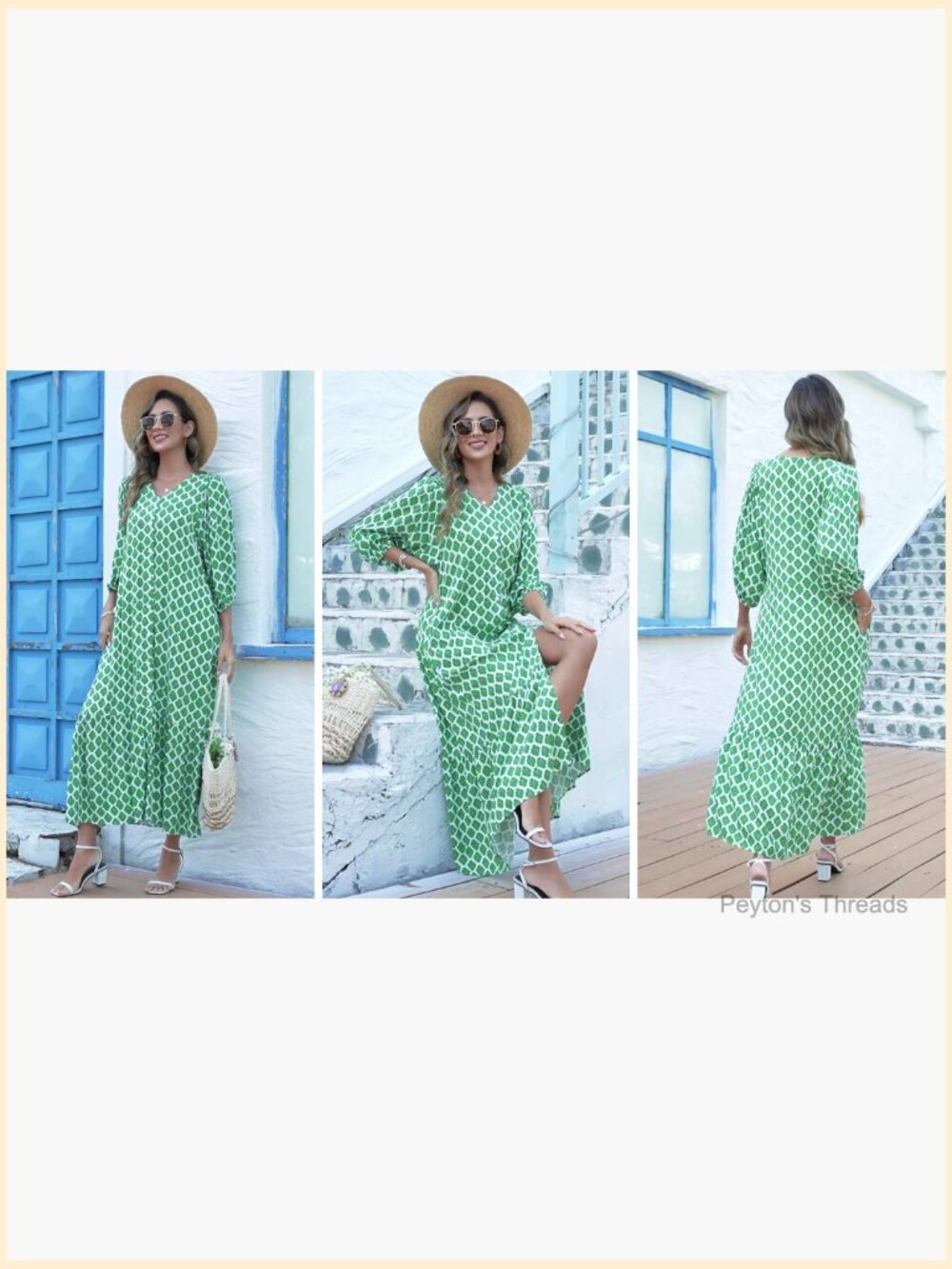 Boho Maxi Dress with Puff Sleeves Pockets Flowy Long Casual - Picture 7 of 7